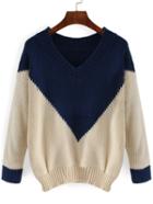 Romwe V Neck Dropped Shoulder Seam Color-block Jumper