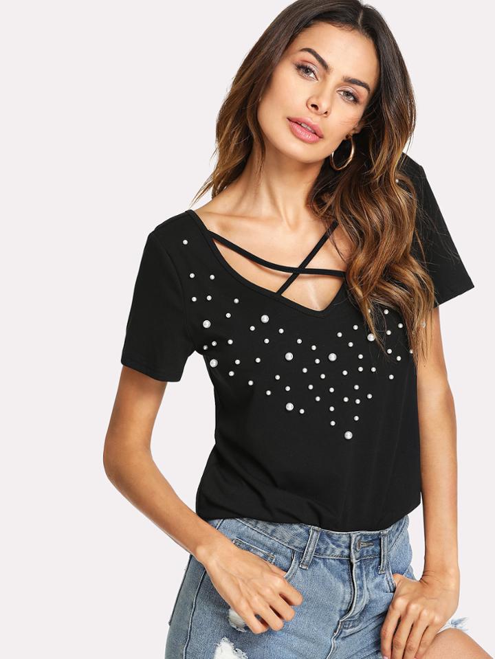 Romwe Pearl Beading Crisscross V Neck T-shirt