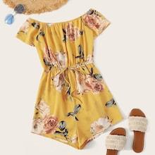 Romwe Floral Print Off Shoulder Drawstring Waist Romper