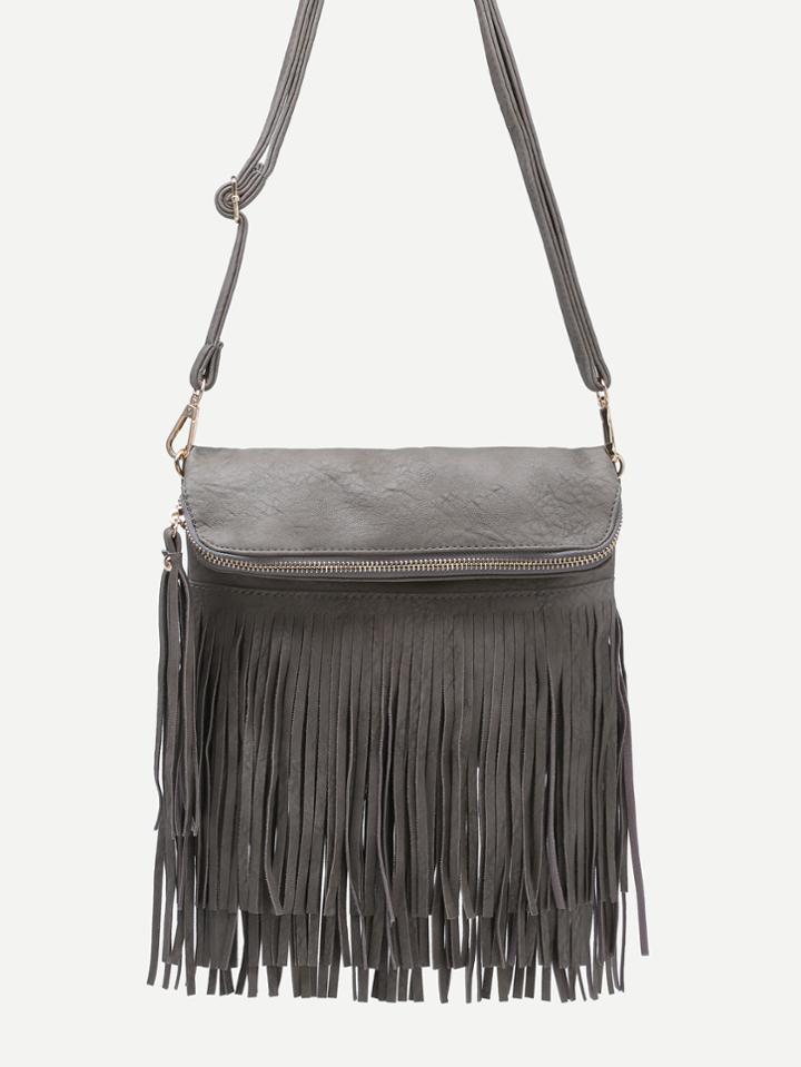 Romwe Grey Pu Zip Closure Fringe Trim Crossbody Bag