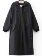 Romwe Black Letter Embroidery Drawstring Hooded Long Coat