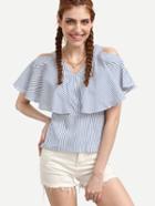 Romwe Blue Mixed Stripe Ruffled Open Shoulder Top