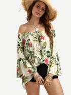 Romwe Off The Shoulder Bell Sleeve Floral Print Top
