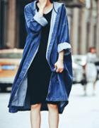 Romwe Blue Hooded Loose Denim Trench Coat