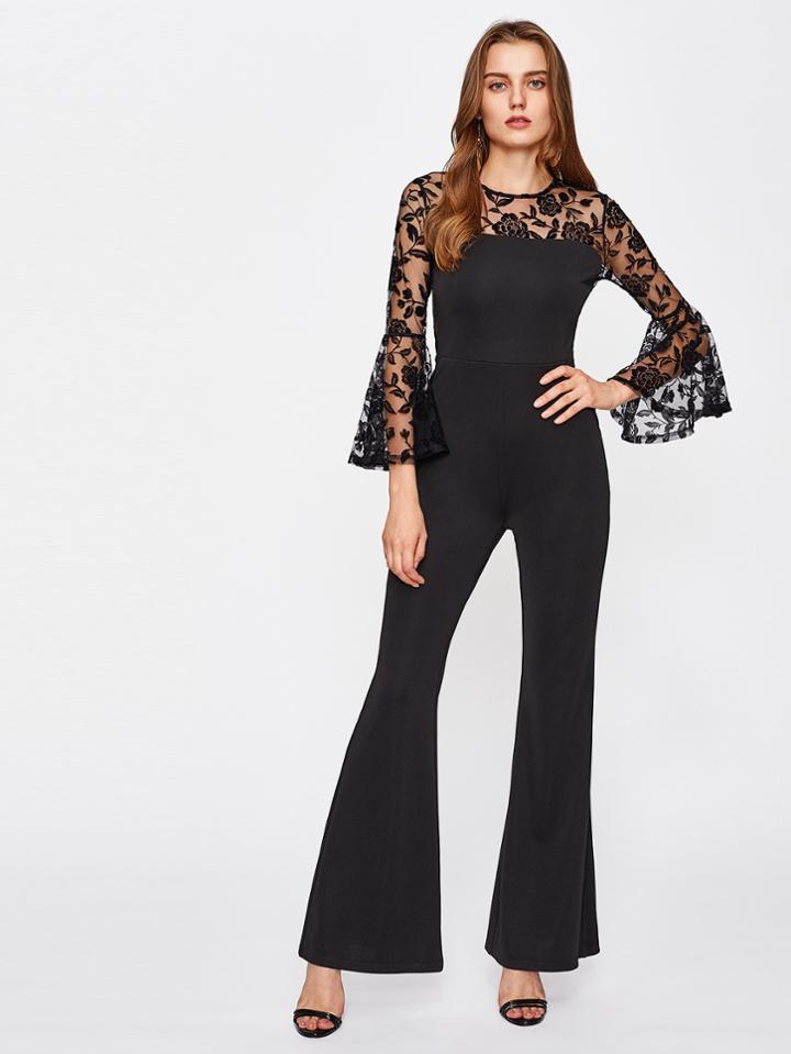 Romwe Floral Mesh Yoke Bell Sleeve Flared Jumpsuit