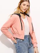 Romwe Pink Contrast Hood Zip Up Crop Jacket