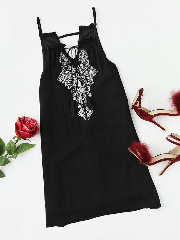 Romwe Embroidered Self Tie V Neckline Cami Dress
