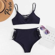 Romwe Plain Caged Top With High Waist Bikini Set