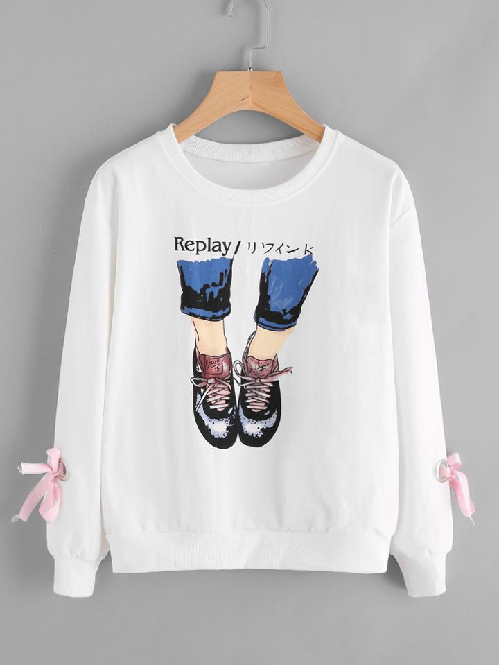 Romwe Graphic Print Ring Detail Tie Sleeve Sweatshirt
