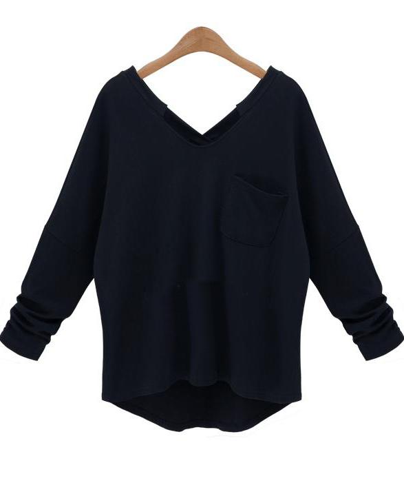 Romwe V Neck Pocket Knit Black Sweater
