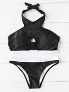 Romwe Cutout Front Contrast Trim Halter Bikini Set