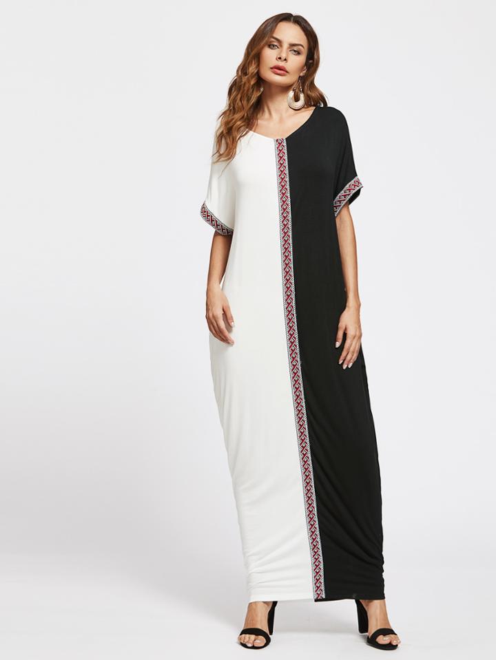 Romwe Jacquard Tape Detail Two Tone Cocoon Dress