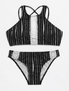 Romwe Crochet Lace Striped Bikini Set