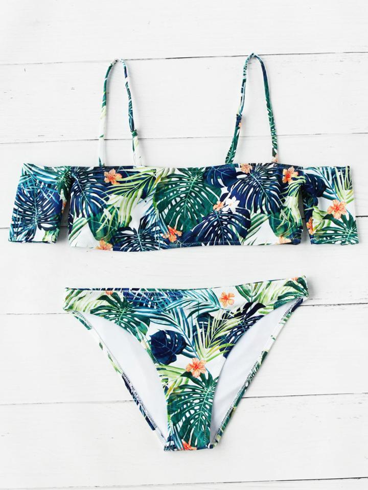 Romwe Tropical Print Cold Shoulder Bikini Set