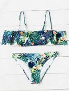 Romwe Tropical Print Cold Shoulder Bikini Set