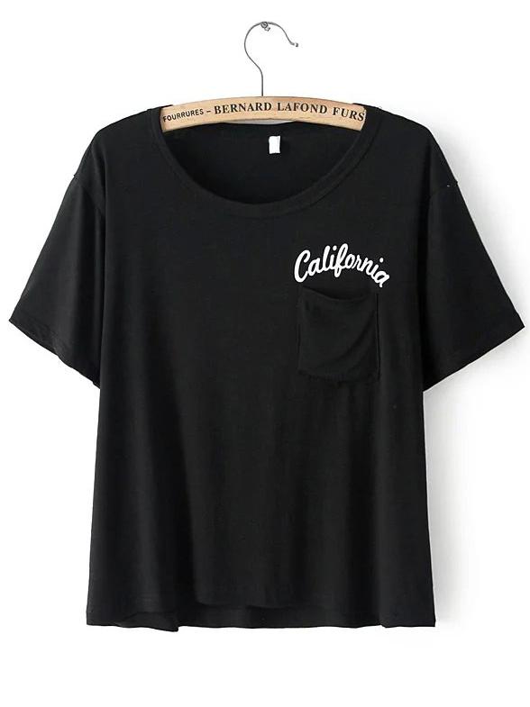 Romwe Letters Print Pocket Black T-shirt