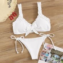 Romwe Frill Trim Ribbed Top With Tie Side Bikini Set