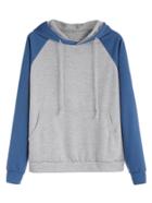 Romwe Color Block Raglan Sleeve Drawstring Hooded Pocket Sweatshirt