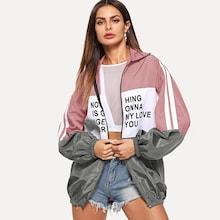 Romwe Zip Up Color Block Letter Print Jacket
