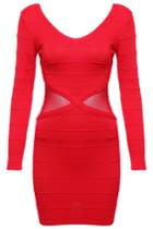Romwe Contrast Mesh Yoke V Back Dress