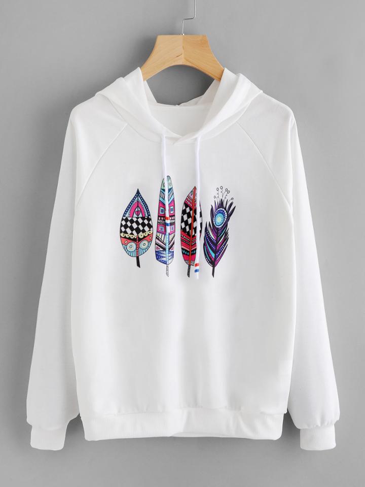 Romwe Aztec Feather Print Raglan Sleeve Hoodie