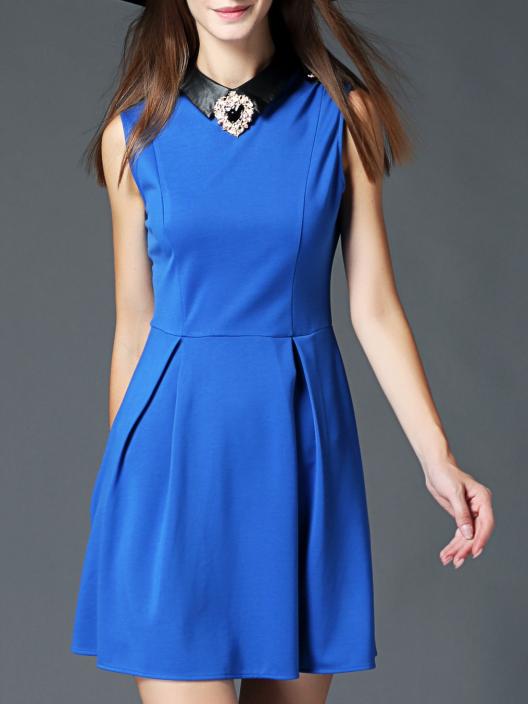 Romwe Blue Lapel Sleeveless Contrast Pu Beading Dress