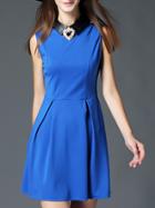 Romwe Blue Lapel Sleeveless Contrast Pu Beading Dress