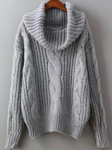 Romwe Grey High Neck Cable Knit Sweater