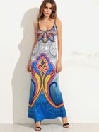 Romwe Blue Spaghetti Strap Tribal Print Maxi Dress