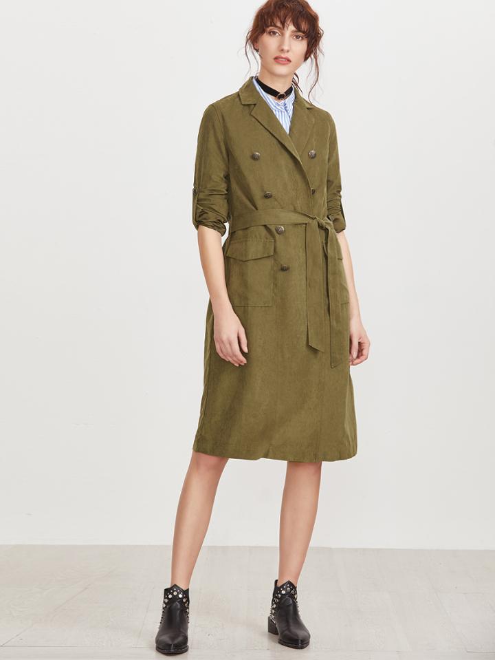 Romwe Olive Green Double Breasted Belted Trench Coat