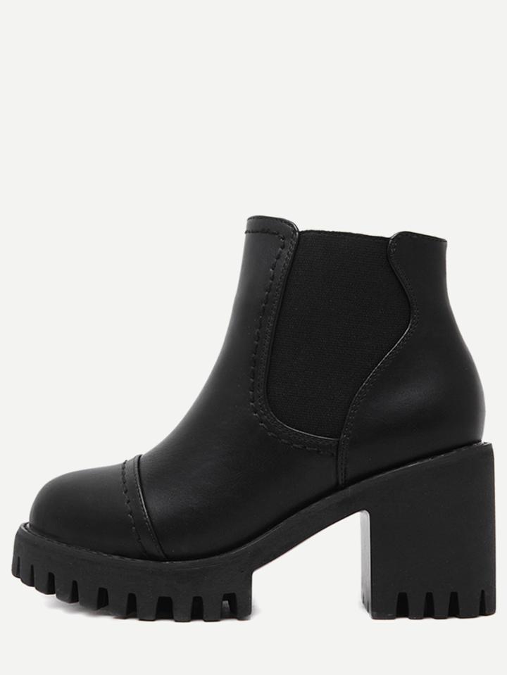 Romwe Black Pu Cap Toe Elastic High Heeled Boots