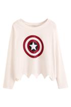 Romwe Circle Star Print Picot Edge White Sweatshirt