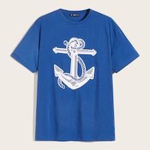 Romwe Guys Anchor Print Round Neck Tee