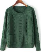 Romwe Diamond Patterned Pockets Dark Green Sweater