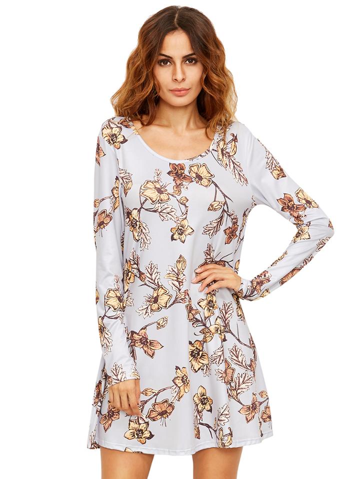 Romwe Crew Neck Floral Shift Dress