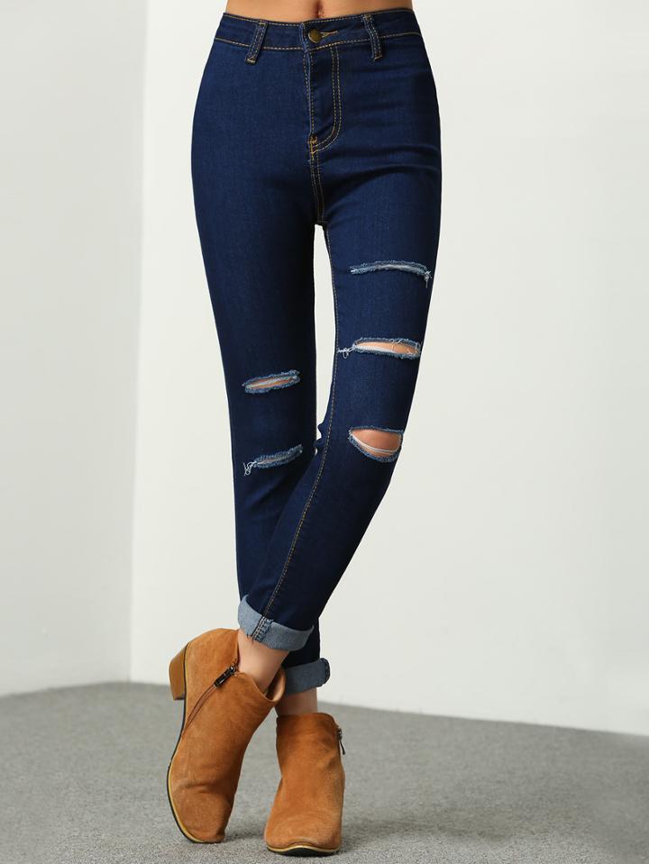 Romwe Women Ripped Denim Skinny Pant