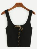Romwe Lace-up Ribbed Knit Crop Tank Top - Black