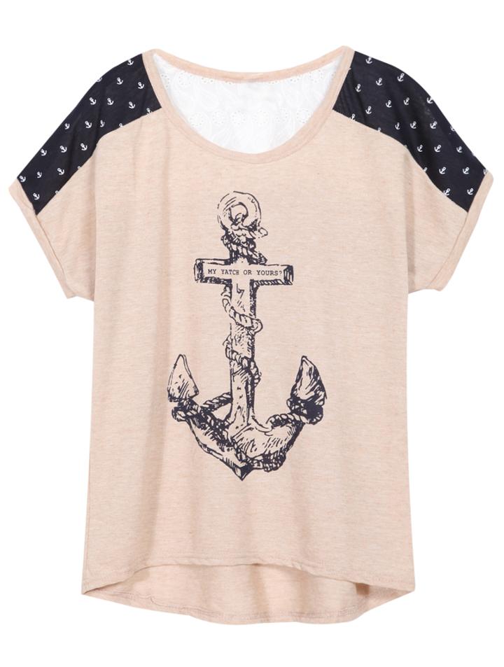 Romwe Anchors Print Dip Hem Khaki T-shirt