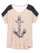 Romwe Anchors Print Dip Hem Khaki T-shirt