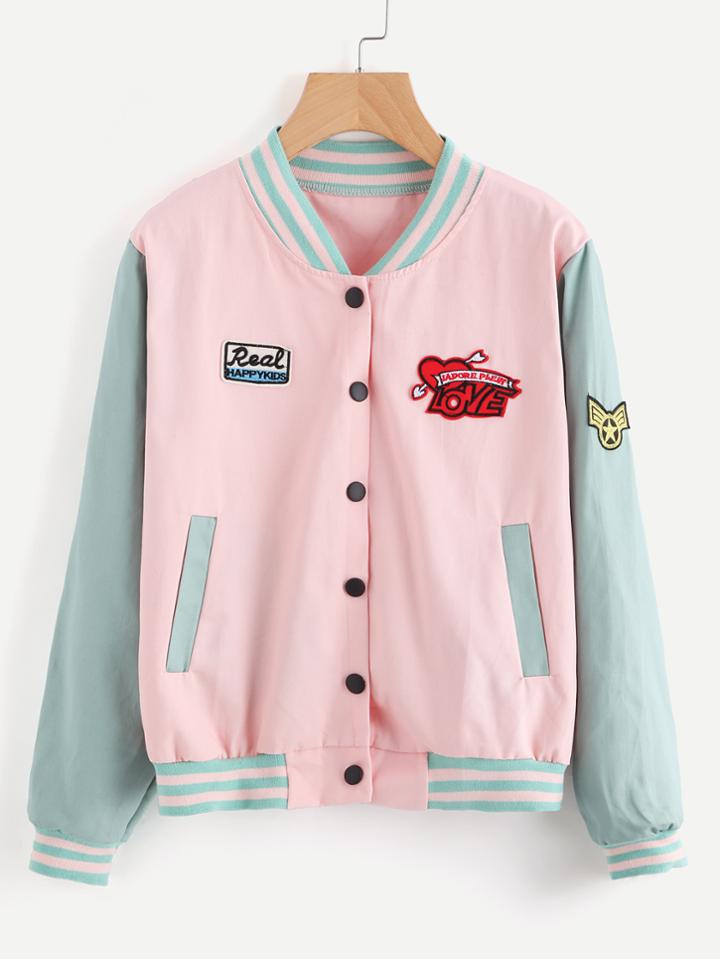Romwe Contrast Sleeve Striped Trim Jacket With Badges