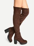 Romwe Dark Coffee Faux Suede Over The Knee Chunky Heel Zipper Boots