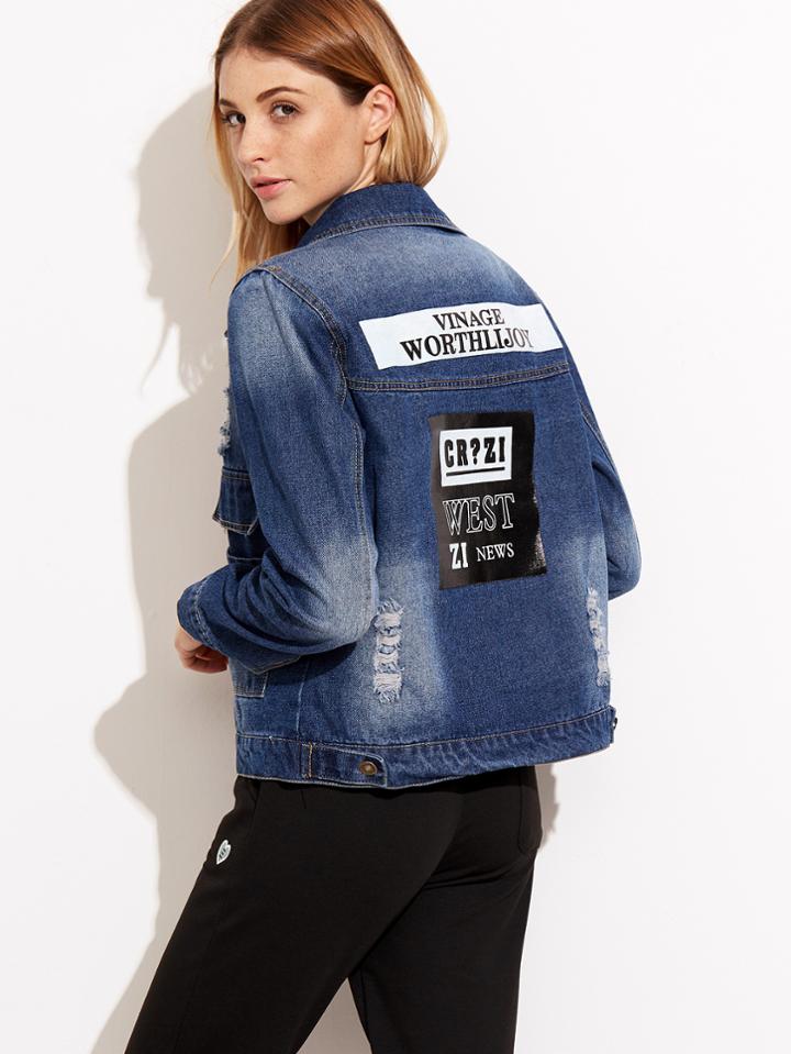 Romwe Blue Letter Print Back Ripped Denim Jacket