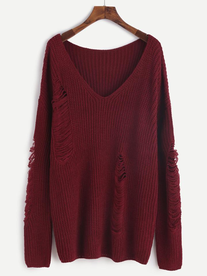 Romwe Burgundy V Neck Drop Shoulder Ripped Sweater