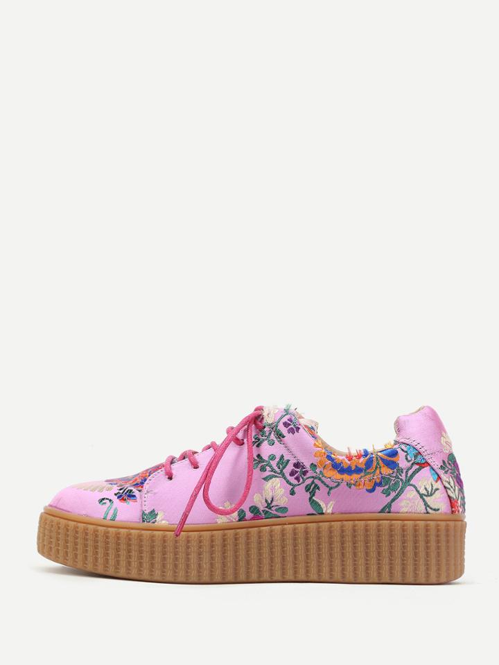 Romwe Flower Embroidery Lace Up Low Top Sneakers