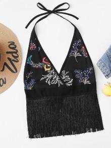 Romwe Embroidery Fringe Halter Top