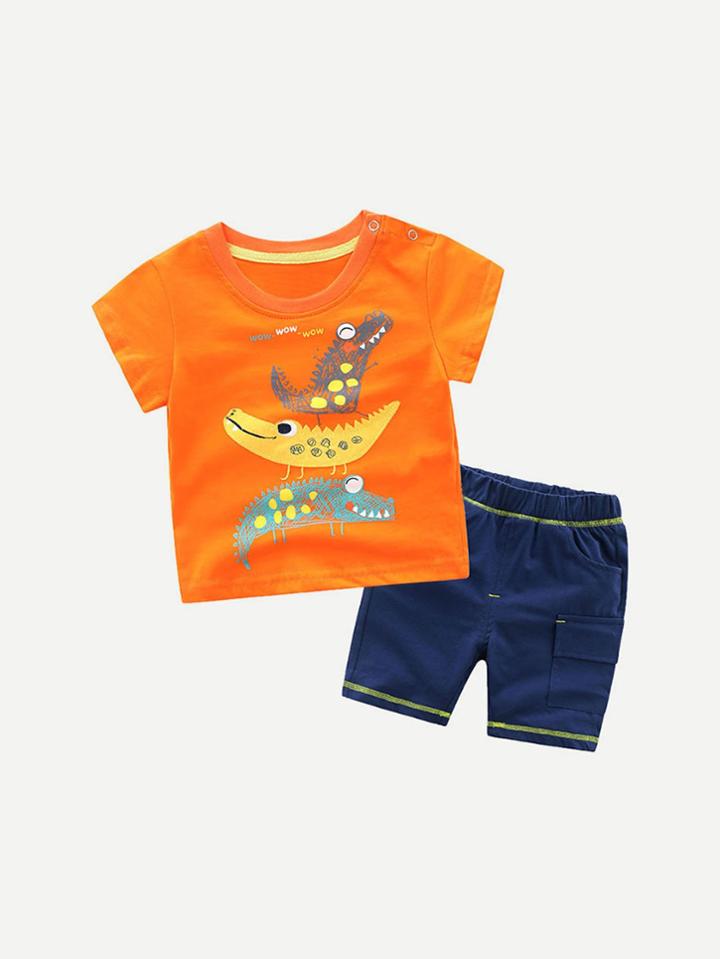 Romwe Cartoon Print Tee With Shorts