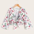 Romwe Floral Print Tie Front Plunging Neck Blouse