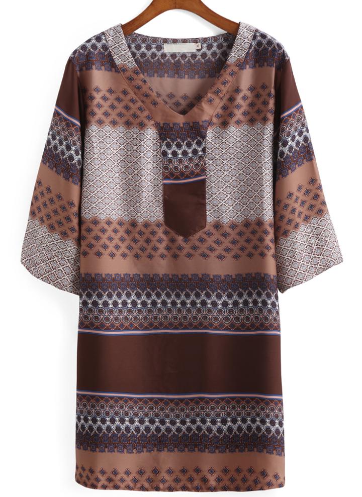 Romwe V Neck Half Sleeve Geometric Print Dress