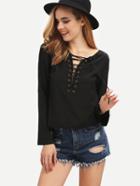Romwe Black Long Sleeve V Back Blouse