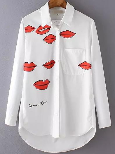 Romwe White Lapel Lips Print Loose Blouse